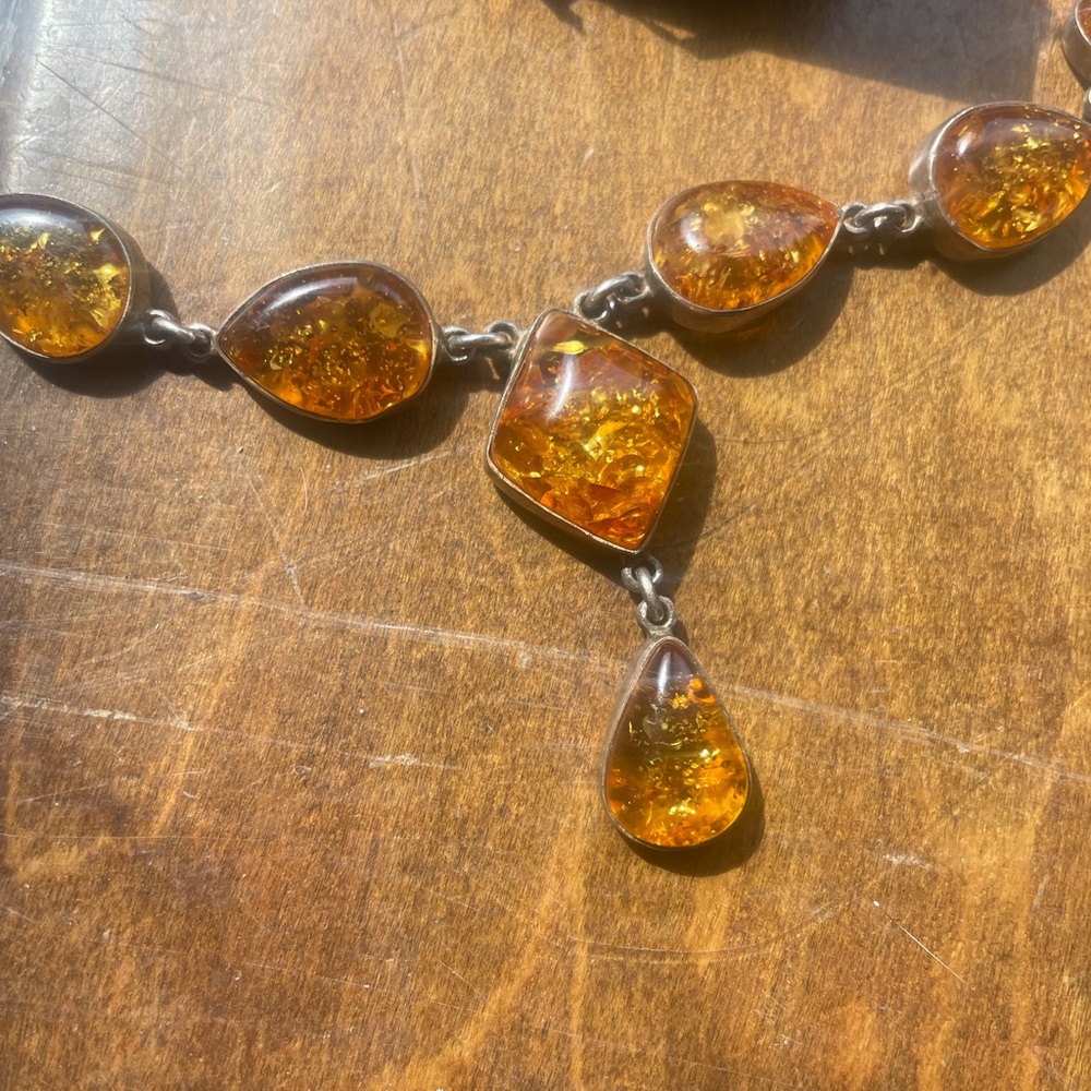 Genuine Amber Mulit Teardrop Sterling Silver Necklace